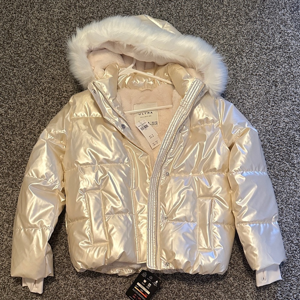 Abercrombie Kids Cream Puffer Jacket with Faux Fur Hood